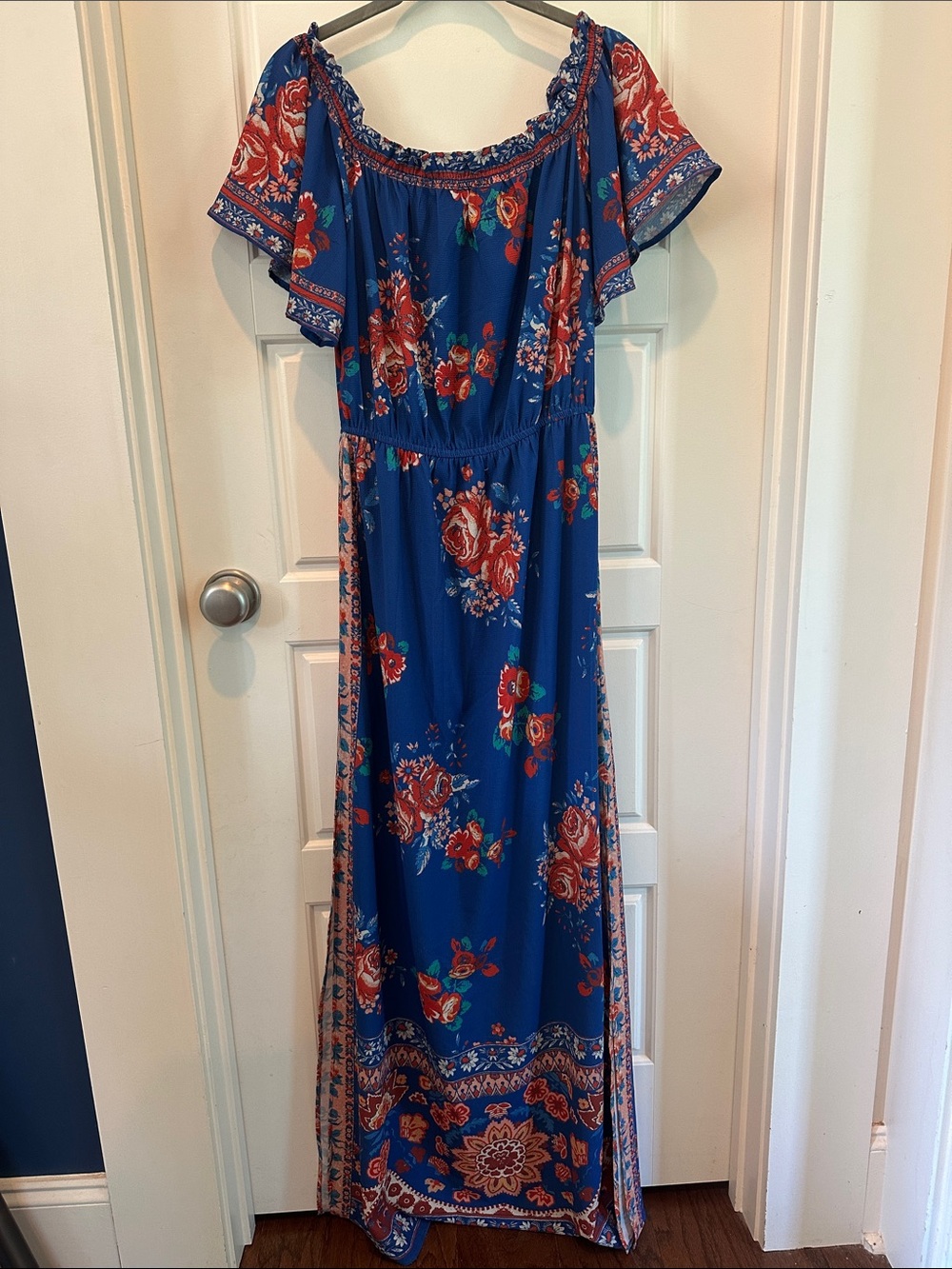 Flying Tomato Royal Blue Maxi Dress with Red Floral Print